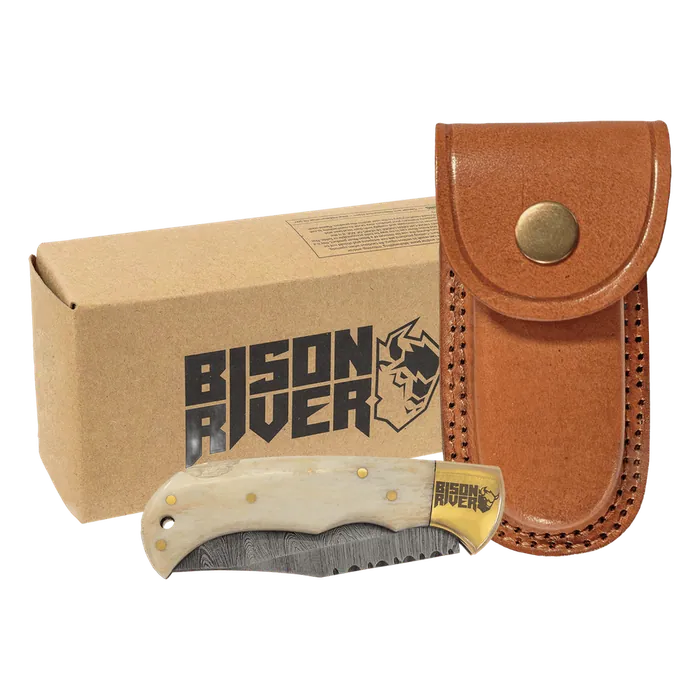 Bone Folding Knife with Damascus Steel Blade and Leather Sheath
