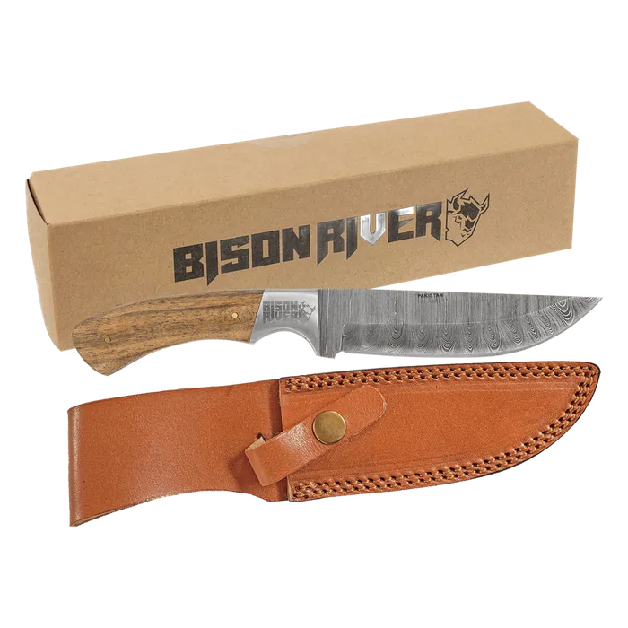 Bison River 9 1/2" Fixed Blade Knife with Damascus Steel Blade & Leather Sheath