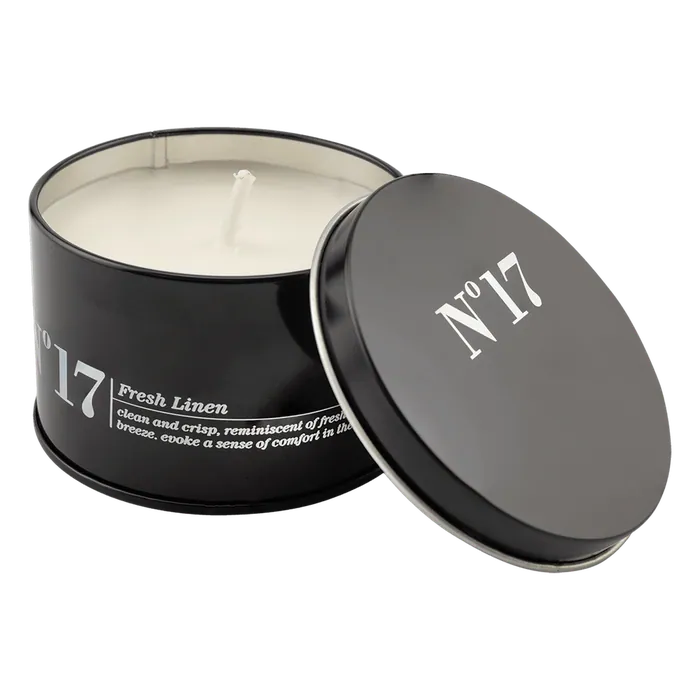 Crisp Linen Candle in a Black Metal Tin, 5.3 oz.