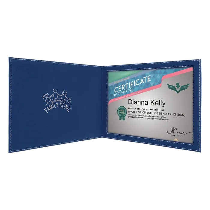 Blue/Silver Leatherette Certificate Holder for 8 1/2" x 11" Certificate