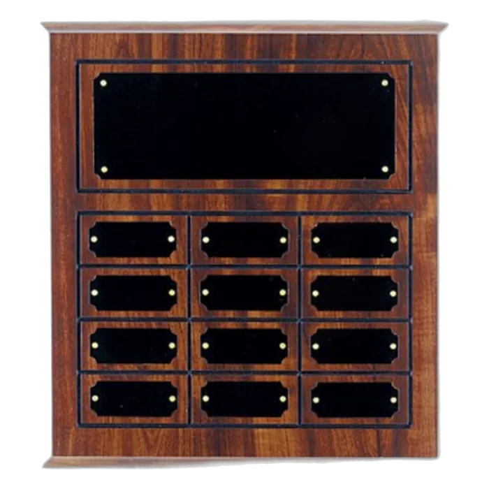Cherry Finish Grooved Perpetual Plaque with 12 Plates, 11 3/4" x 12 3/4"