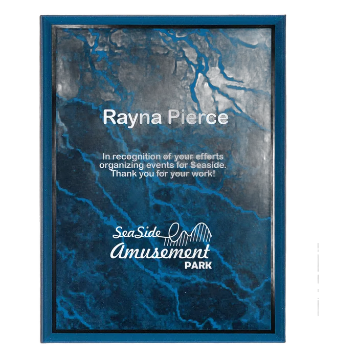 Large Cherry Finish Plaque with Blue Marble Acrylic Plate