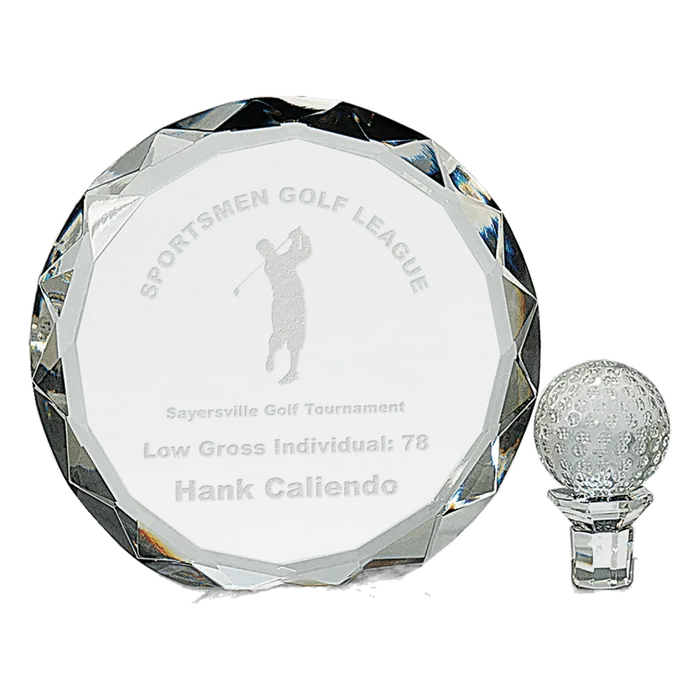 Large Round Facet Crystal with Golf Ball on Black Pedestal Base