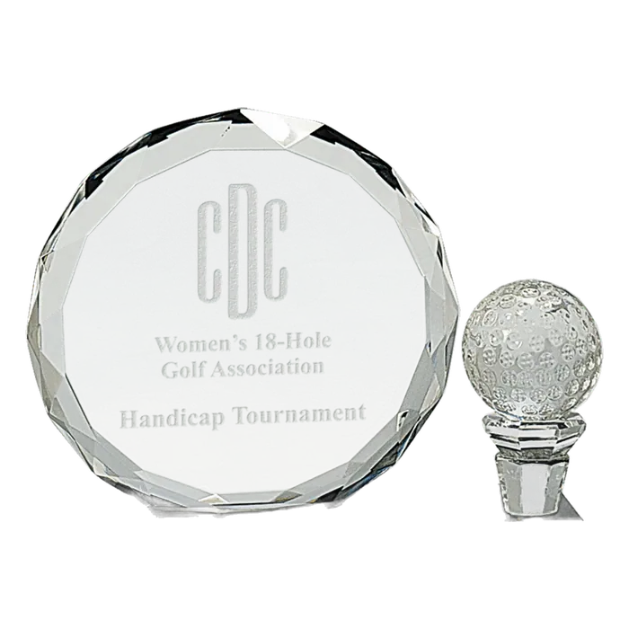 Small Round Facet Crystal with Golf Ball on Black Pedestal Base