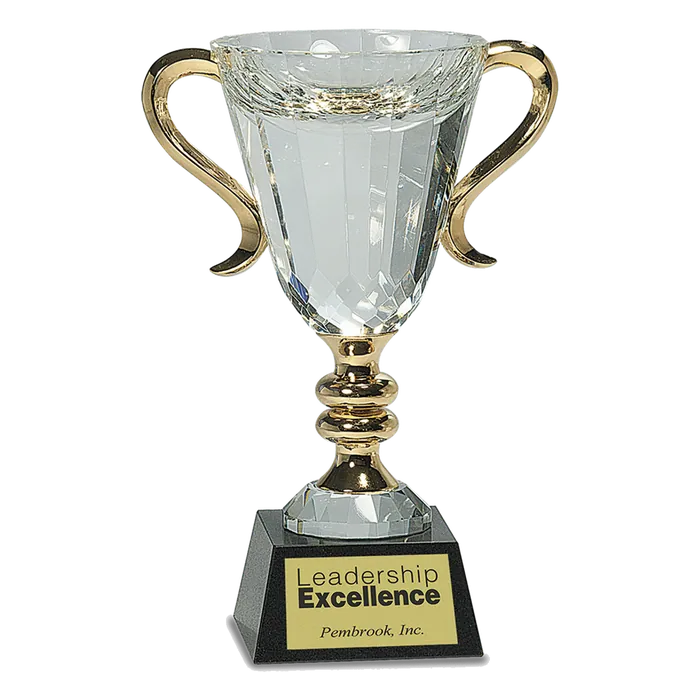 8 1/2" Crystal Cup with Gold Metal Handles on Solid Marble Base