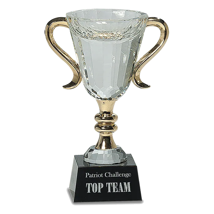 7 1/4" Crystal Cup with Gold Metal Handles on Solid Marble Base