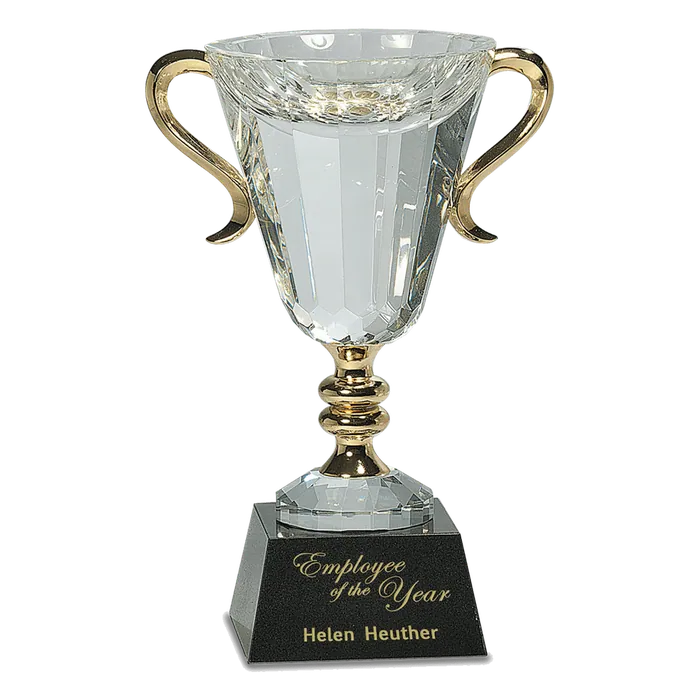 10" Crystal Cup with Gold Metal Handles on Solid Marble Base