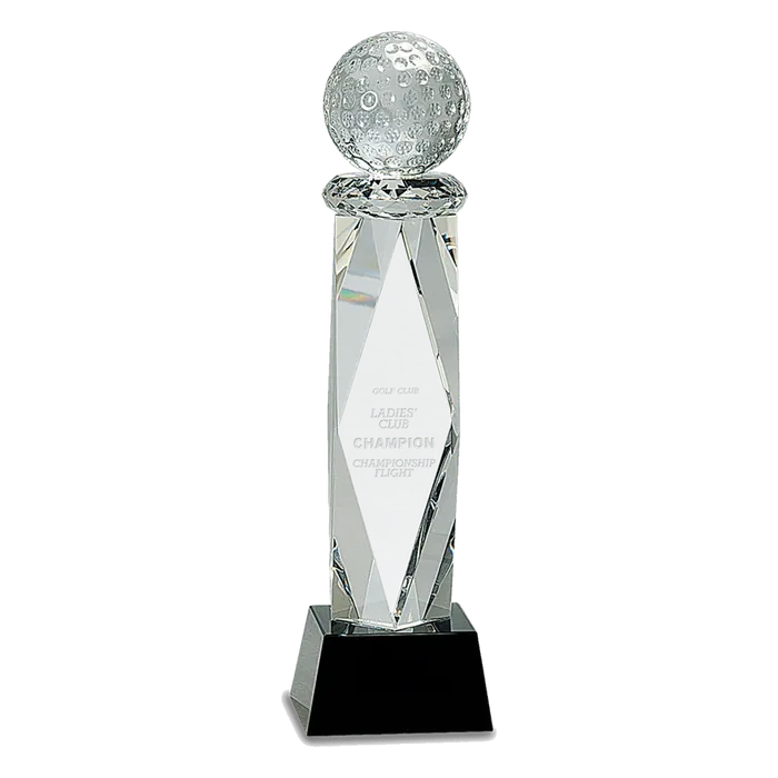 Clear Crystal Golf Ball Award on a Faceted Column
