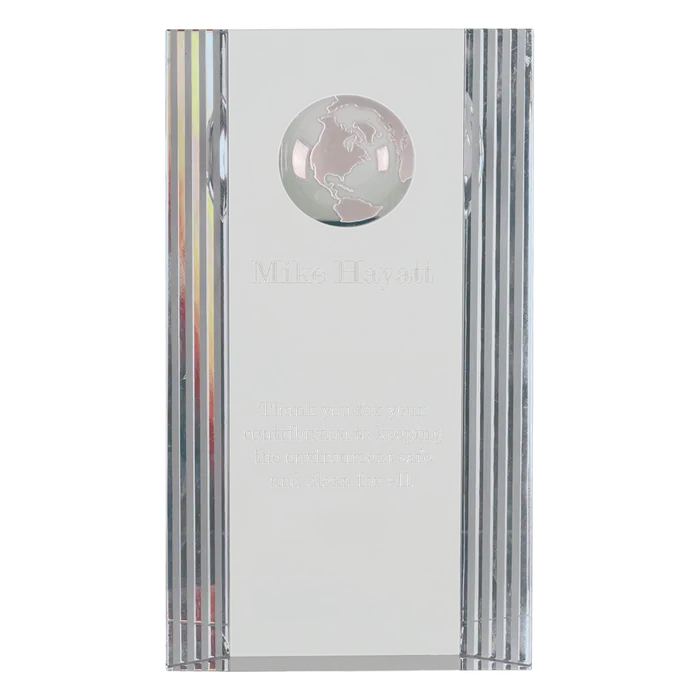 Clear Crystal Rectangle with Globe Etching, 7 3/4"