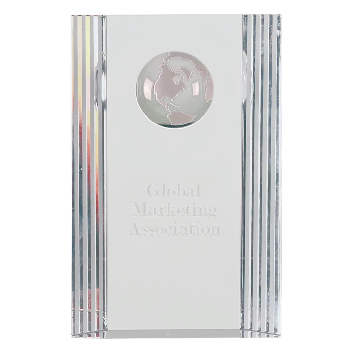 Clear Crystal Rectangle with Globe Etching, 6 1/2"