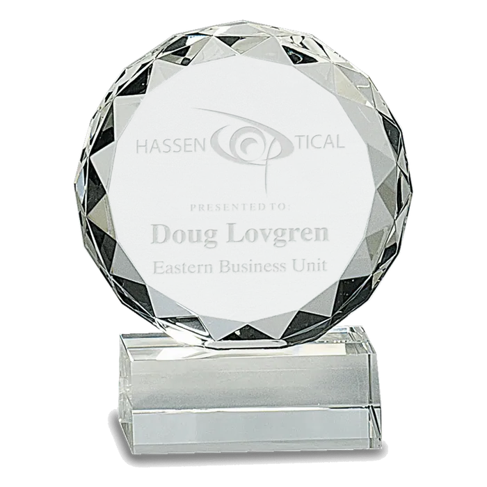 Large Round Facet Crystal on Black Pedestal Base