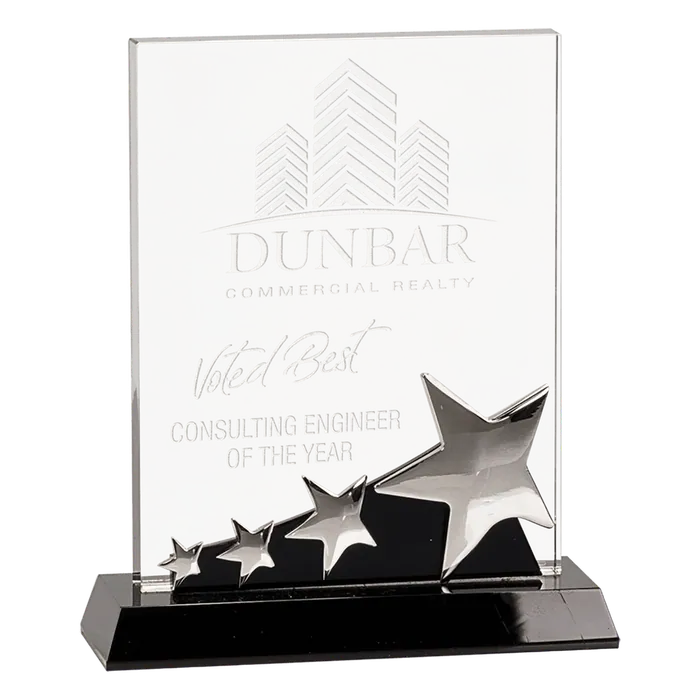 Small Rectangle Crystal with Silver Stars on Black Pedestal Base
