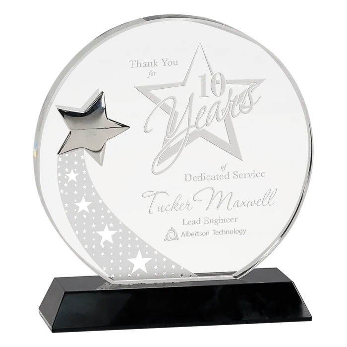 Large Round Crystal with Silver Star on Black Pedestal Base