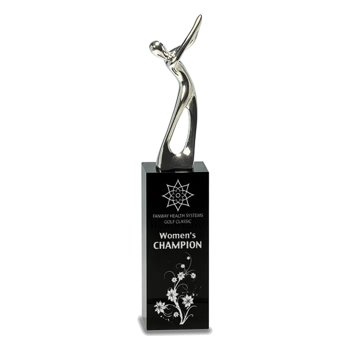 Medium Silver Metal Golf Figure on Black Crystal Pedestal