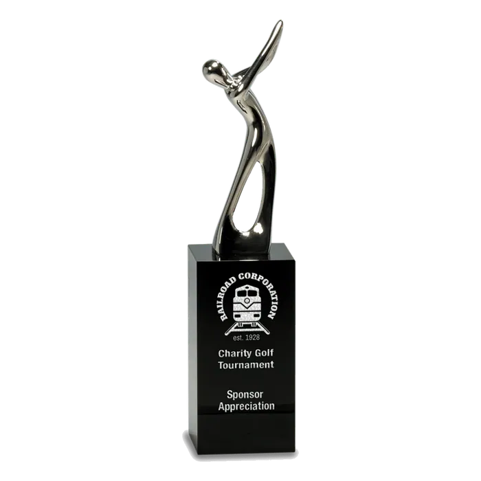 Small Silver Metal Golf Figure on Black Crystal Pedestal