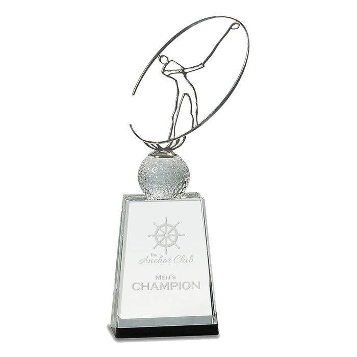 12" Silver Metal Golfer Silhouette on a Crystal Golf Ball & Base