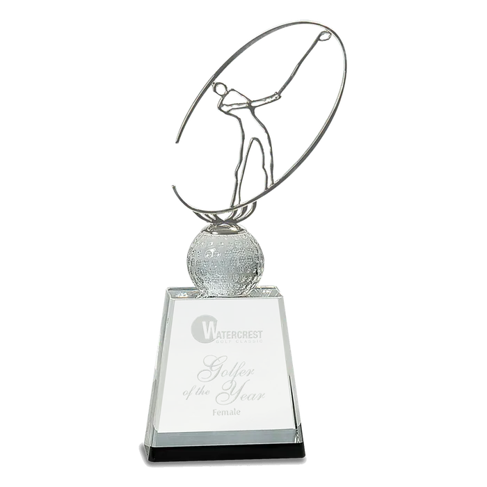 11" Silver Metal Golfer Silhouette on a Crystal Golf Ball & Base