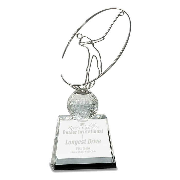 10" Silver Metal Golfer Silhouette on a Crystal Golf Ball & Base