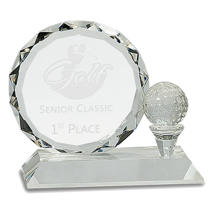 Round Facet Crystal with Golf Ball on Clear Pedestal Base