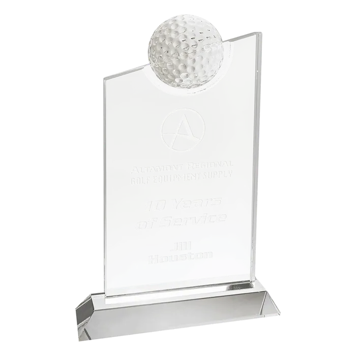 Clear Crystal Award with Inset Crystal Golf Ball, 6 1/4" x 9 1/2"