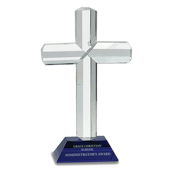 Crystal Cross on Blue Pedestal Base