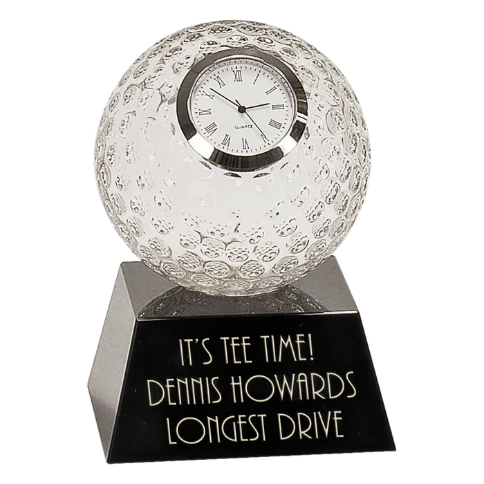 Clear Crystal Golf Ball Clock with Black Pedestal Base