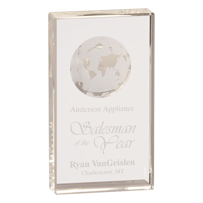 7" Crystal Rectangle with Etched Globe