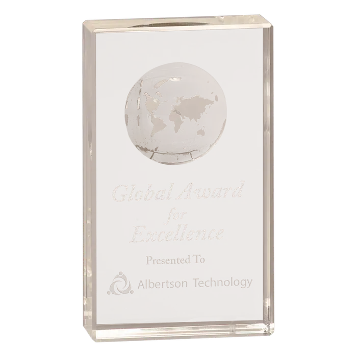 6" Crystal Rectangle with Etched Globe