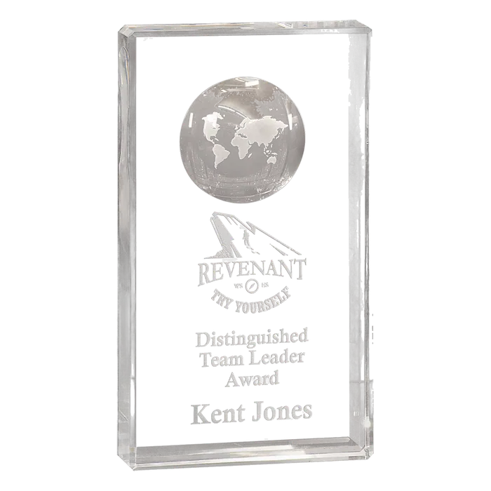 8" Clear Crystal Rectangle with Etched Globe