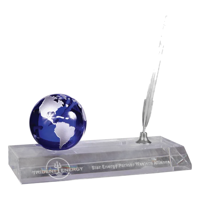 Blue Crystal Globe with Pen and Base