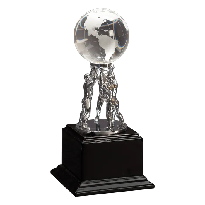 Crystal Globe on Silver Metal Teamwork Stand/Black Base