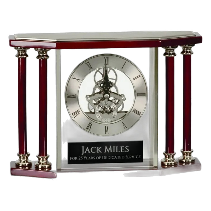 Executive 4 Pillar Piano Finish Clock Silver/Rosewood