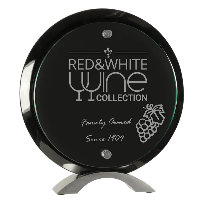 Small Round Black Piano Finish Floating Acrylic Standup with Silver Base