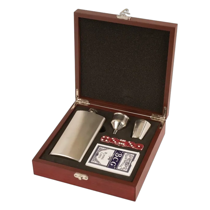 Rosewood Finish Flask Set with Flask, Shot Glass, Cards & 5 Dice
