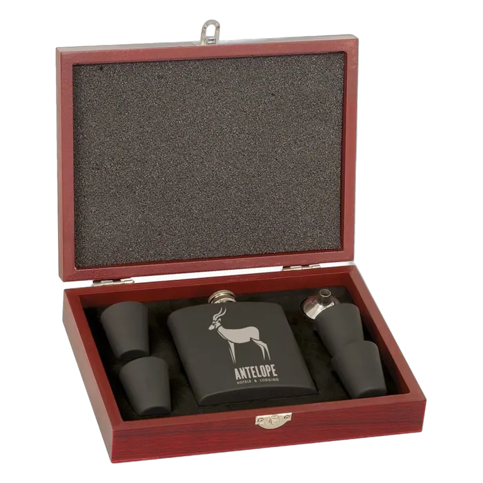 6 oz. Matte Black Flask Gift Set with Rosewood Finish Box
