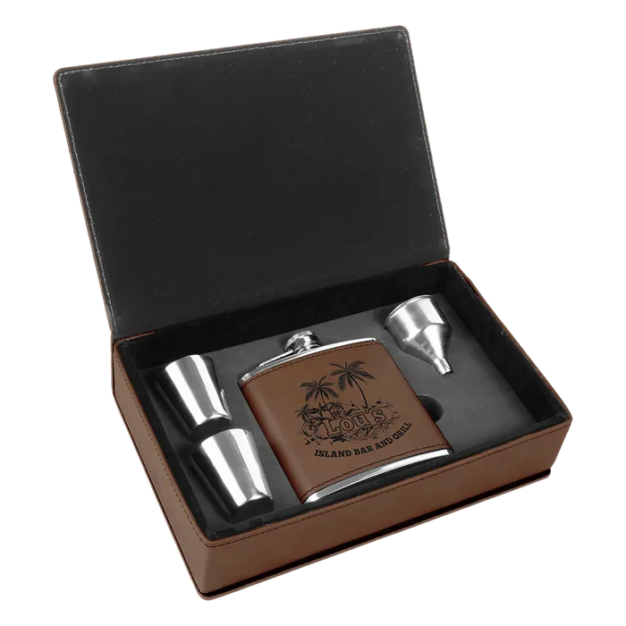 Dark Brown Leatherette Flask Set