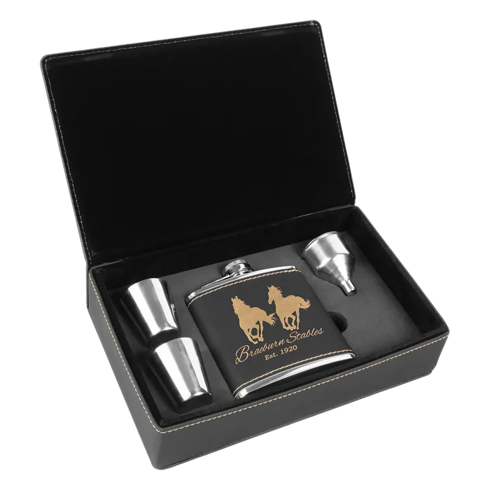 Black/Gold Leatherette Flask Set