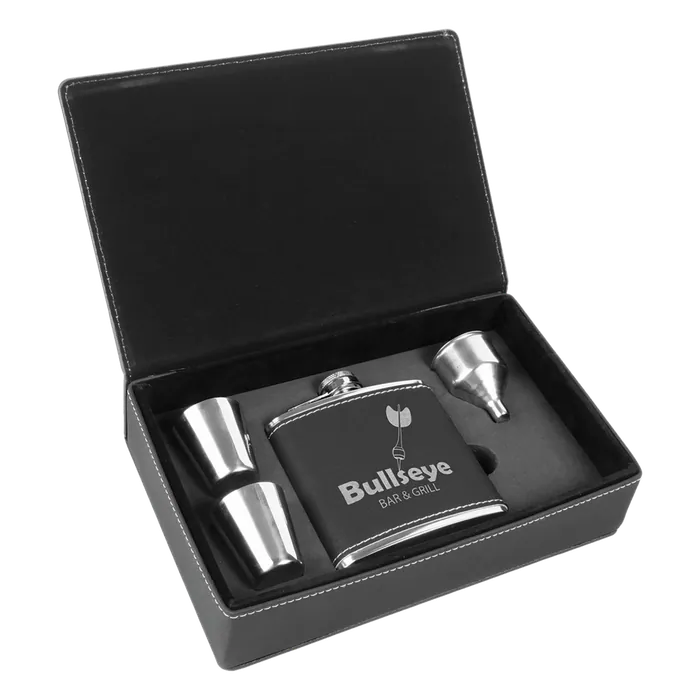 Black/Silver Leatherette Flask Set