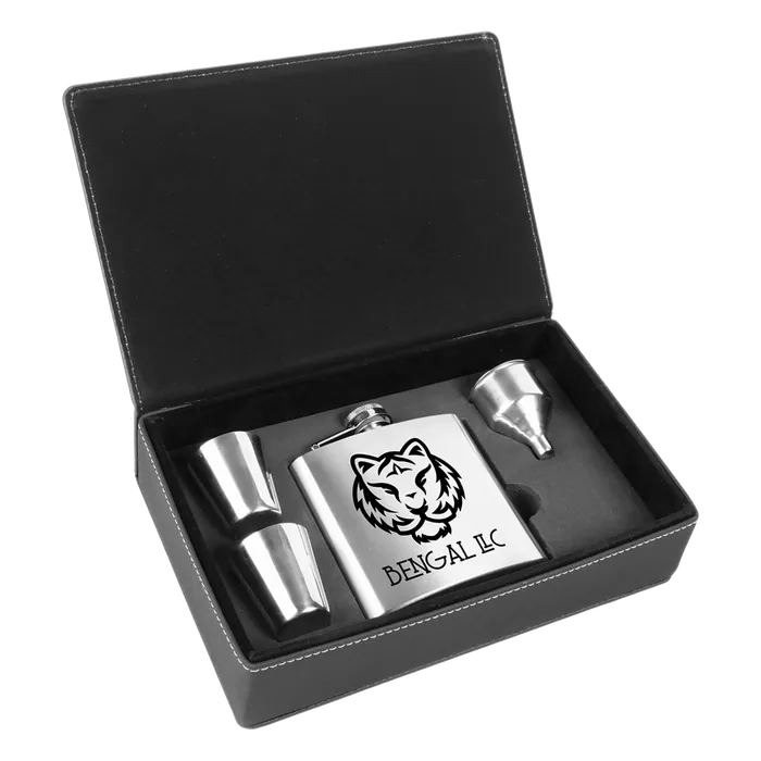 Stainless Steel Flask Set in Black/Silver Leatherette Box