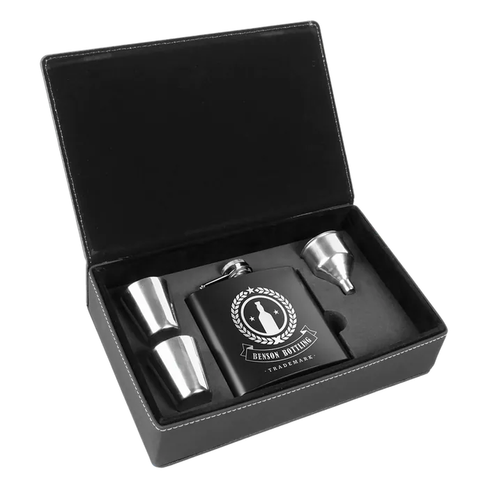Black Stainless Steel Flask Set in Black/Silver Leatherette Box