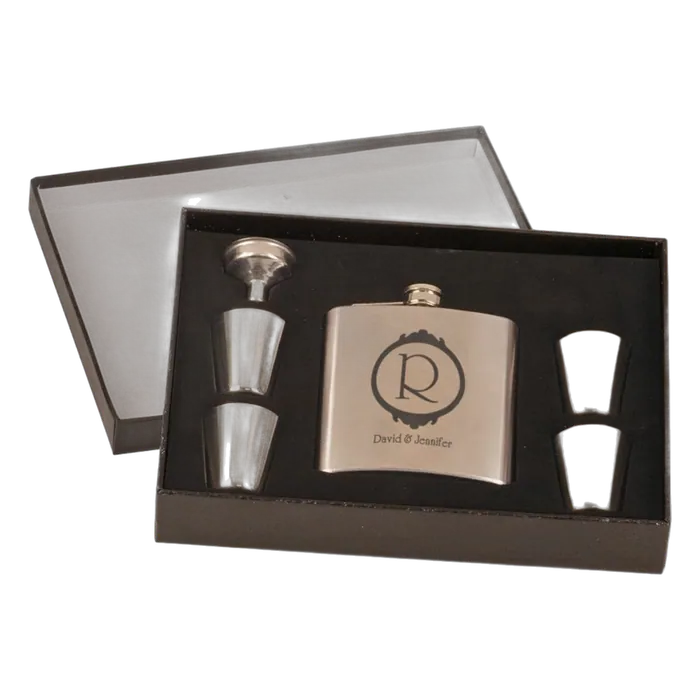 6 oz. Stainless Steel Flask Set in Black Box w/4 Shot Glasses & Funnel