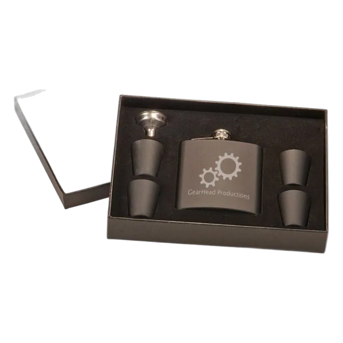 6 oz. Matte Black Flask Set in Black Presentation Box w/4 Shot Glasses & Funnel