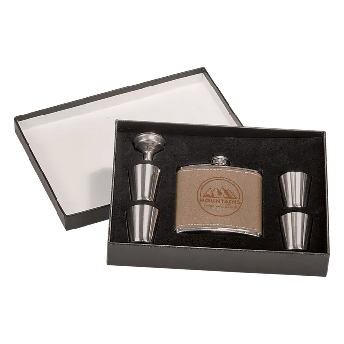 6 oz. Leather Flask Set in Black Presentation Box w/4 Shot Glasses & Funnel
