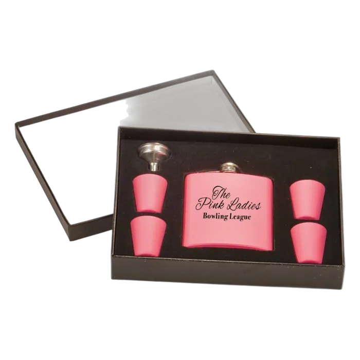 6 oz. Matte Pink Flask Set in Black Presentation Box w/4 Shot Glasses & Funnel
