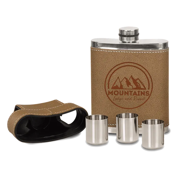 7 oz. Leather Wrapped Flask Kit with Lid & 3 Shot Glasses
