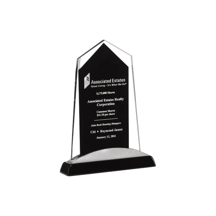 Apex Series Glass Award on Black Piano Finish Base with Silver Aluminum Accents, 6 5/8" x 7 7/8"