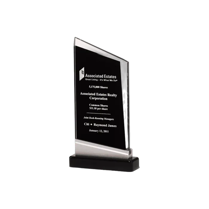Zenith Series Glass Award, Black Piano Finish Base with Silver Aluminum Accent, 4 3/4" x 9 7/8"