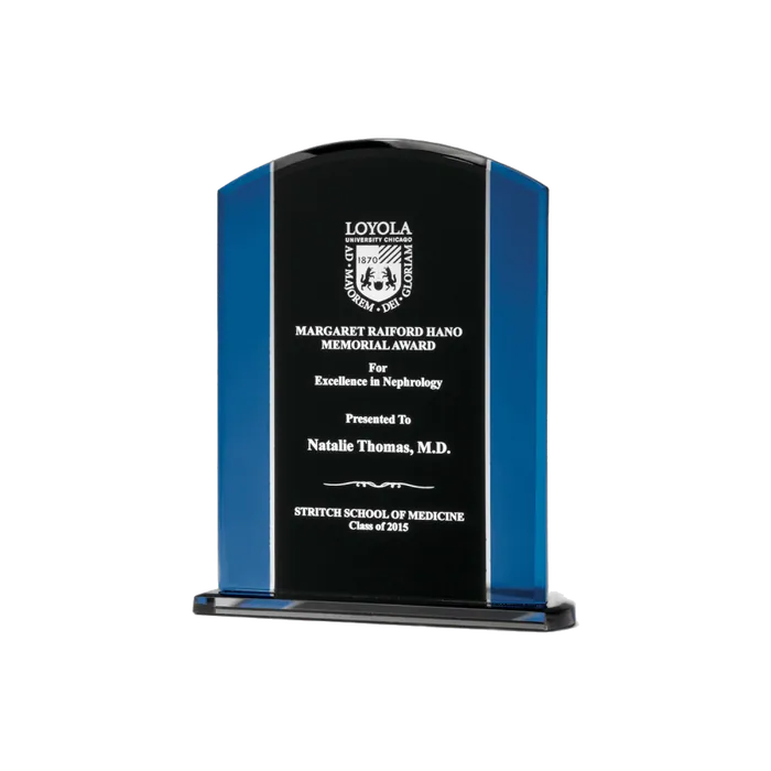 Clear Glass Award with Blue and Black Screen Printed Upright and Base, 6 1/2" x 8 3/8"