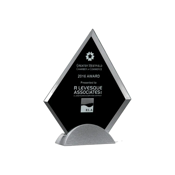 Black Silk Screened Diamond Award on a Silver Metal Base, 8" x 9"