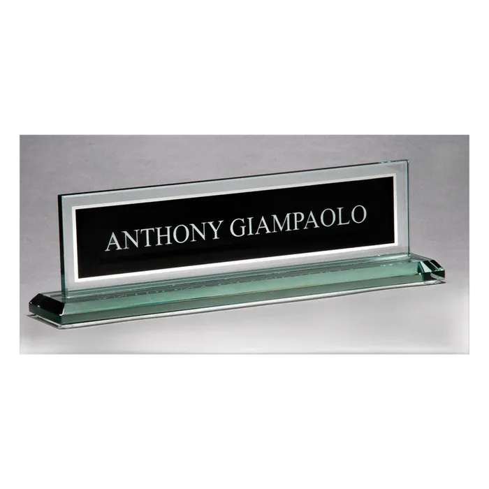 Black Silk Screened Glass Name Plate with Mirror Border